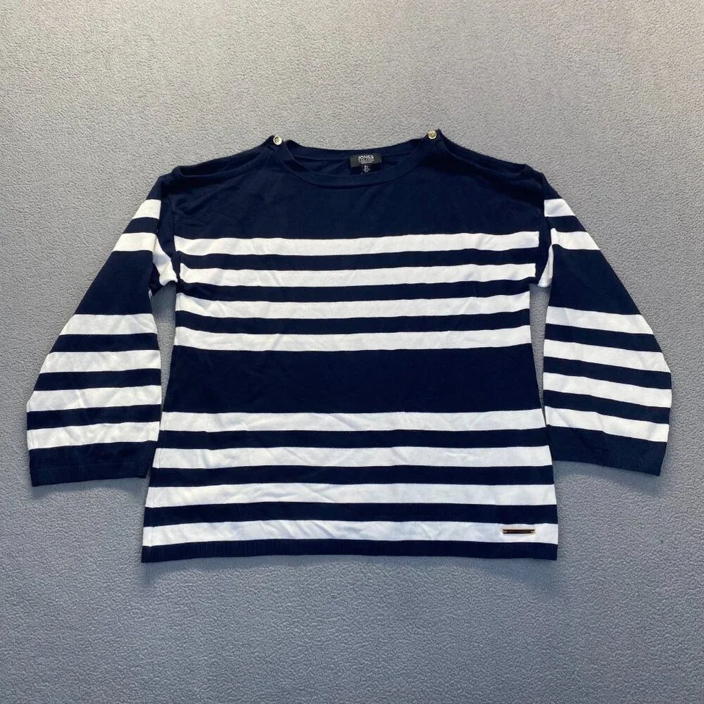 Jones New York Women's Size L Navy Striped Nautical 3/4 Sleeve Shirt Top Coastal - Picture 1 of 11